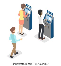 People standing in line at ATM. Queue to the ATM machine. Automatic money transaction. Flat isometric vector illustration