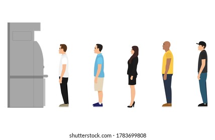La gente está haciendo cola en el cajero automático. Cola en el cajero automático, concepto de diseño plano aislado en fondo blanco. Ilustración del vector