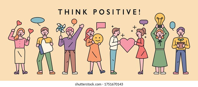 People Are Standing In Line To Communicate Positive Thoughts And Feelings To Each Other. Flat Design Style Minimal Vector Illustration.