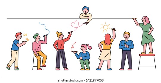 People Standing In Line And Graffiti On The Wall. Flat Design Style Minimal Vector Illustration