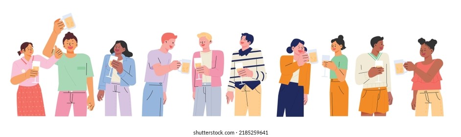 People standing in a line holding beer and champagne and talking. flat design style vector illustration.