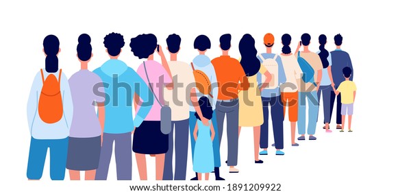 People standing in line. Isolated crowd, queue\
group back stand. Person wait shopping, airport registration or\
ticket utter vector\
concept