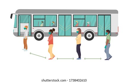 people standing in line next to the bus at safe distance, wearing medical masks and gloves. flat vector illustration