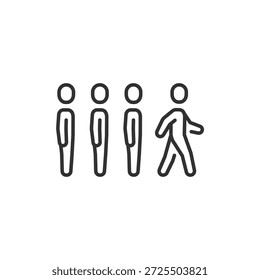 People standing in line, one walking forward, linear icon. Queue process and movement. Line with editable stroke.