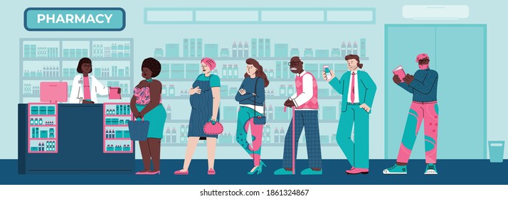 People standing in line at pharmacy, cartoon flat vector illustration. Pharmacy interior with cartoon characters of customers waiting for service and choosing medicines.