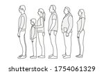 People standing in line. Profile. Line drawing vector illustration.