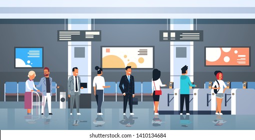 people standing line queue at automatic fare gate public transport station turnstile entrance men women passengers on railway platform subway pass concept flat full length horizontal