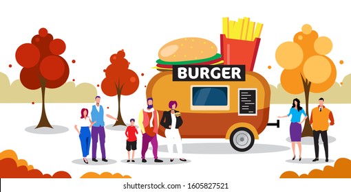 people standing in line queue burger trailer tasty eating street food concept outdoor fair horizontal full length vector illustration