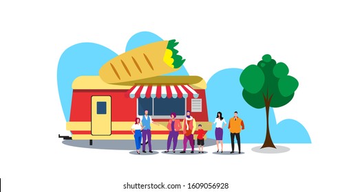 people standing in line queue burrito trailer tasty street food concept outdoor fair horizontal full length vector illustration