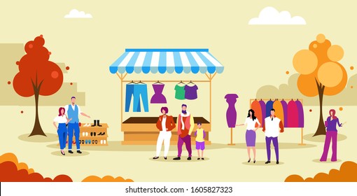 People Standing Line Queue To Clothing Shop Stall Fair Concept Men Women Buying Clothes At Outdoor Market Full Length Horizontal Vector Illustration