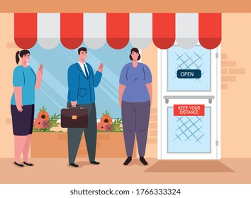 people standing line queue to shop, social distancing, prevention measure, steps to protect yourself, keep the distance, prevention coronavirus covid 19 vector illustration design