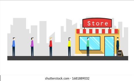 People Standing Line Queue To   Shop,queue To The Store Minimalistic Illustration Social Distancing. Preventive Measures. Steps To Protect Yourself. Keep The Distance. Vector Illustration.