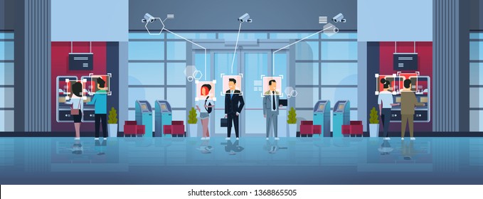 people standing line queue to withdrawing money ATM cash machine identification surveillance cctv facial recognition concept business center hall interior security camera system horizontal