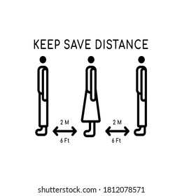 People standing in line and spaced apart. keep safe distance of 6 feet or 2 meters, Protection against covid-19 , Simple line icon vector illustration. Isolated on white background