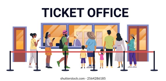 People standing in line at ticket office buying cinema or theatre tickets diverse group of individuals waiting at counter colorful background flat design