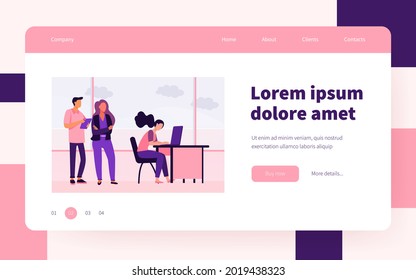 People standing in line to use laptop computer. Window, desk, job flat vector illustration. Communication and digital technology concept for banner, website design or landing web page