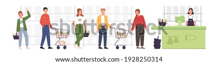 People standing in line and waiting in grocery shop. Men and women waiting in retail store or supermarket with their grocery baskets. Vector illustation shop concept