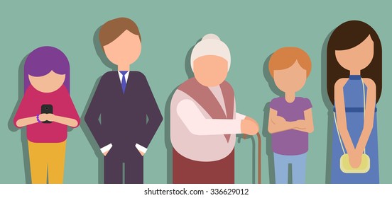 People Standing In Line And Waiting. Teenager Girl, Boy, Businessman, Old Lady And Young Woman Gathered In Queue On Light Turquoise Background. Flat Vector Illustration. 