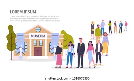 People standing in long queue to the museum. Crowd in line. Isolated vector illustration in flat style