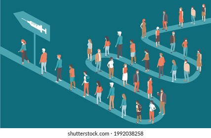 People standing in long queues to receive the vaccine against coronavirus covid-19. Mass vaccination campaign. Concept flat vector illustration