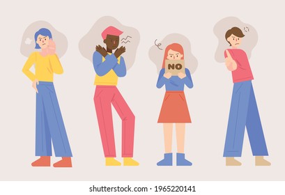 People are standing and making a gesture of rejection. flat design style minimal vector illustration.