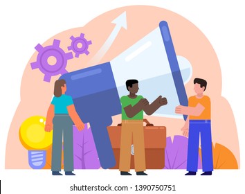 People standing near big megaphone, advertisement agency concept. Marketing team lead and responsibilities. Poster for social media, web page, banner. Flat vector illustration