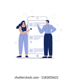 people are standing near the big smartphone and using screen. woman likes man`s post in social network. vector  illustration. character design.