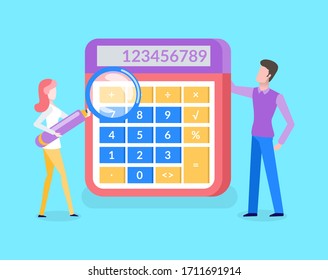 People standing near calculator, woman holding magnifier vector. Accountant doing electronic counting, portrait view. Numerator with buttons and numerals