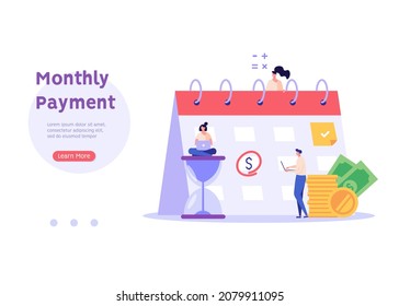 People are standing near to a calendar with a due date. Concept of payment date, finance calendar, financial stability, pay day, success. Vector illustration in flat design