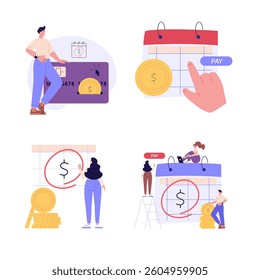 People standing near to a calendar with pay date or tax declaration. Collection of payment date, finance calendar, financial report, pay day, bank invoice. Vector illustration set in flat design