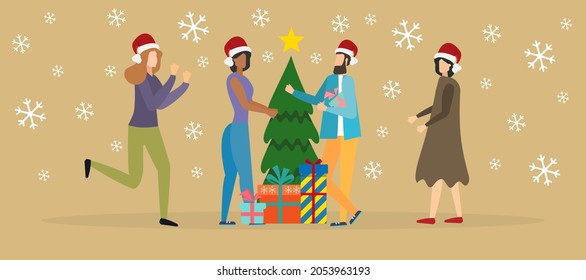 people standing near the Christmas tree and talking to each other, vector illustration