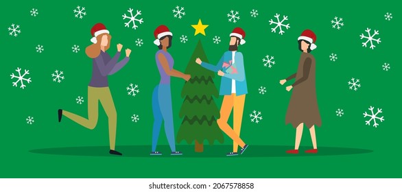 people standing near the Christmas tree and talking to each other, vector illustration