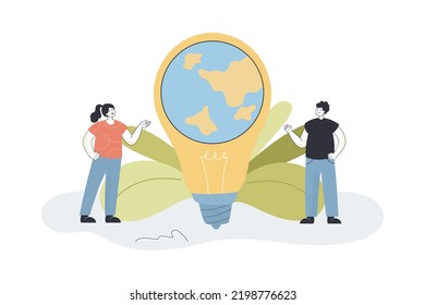 People standing near Earth globe inside light bulb. Man and woman using energy saving sustainable technology flat vector illustration. Innovation concept for banner, website design or landing web page