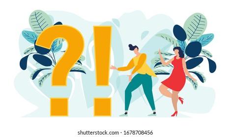 People standing near exclamations and question Marks. Woman and Man ask questions and receive answers. Online support center. Frequently asked questions Concept. Flat Vector Illustration.