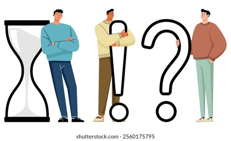 People standing near hourglass, exclamation mark, and question mark, symbolizing time and decisions.