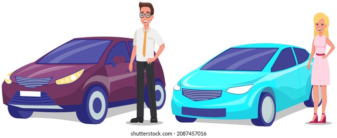 People standing near modern cars on white background in car dealership. Automobile and buyer. Business concept with happy smiling vehicle owner. Success person driver and transportation, modern sedan