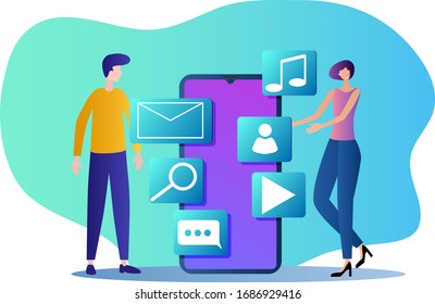 People are standing near the smartphone.Modern means of communication, social networks and activity of modern people.Vector illustration.