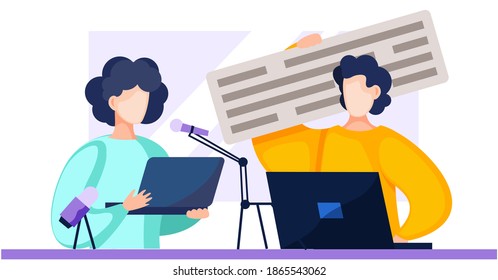 People are standing near woman with a laptop and communicate. The man holds a sign with the text and smiles. Colleagues speaking into microphones and spending time together vector illustration