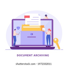 People standing next to a document folder. Concept of document archive, data storage, safe storage, file archiving and organization, digital database. Vector illustration in flat design