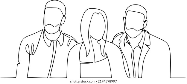 People are standing next to each other. One line vector illustration.
