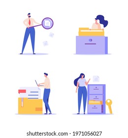 People standing next to a file storage box. Concept of document archive, data storage, safe storage, file archiving and organization, digital database. Vector illustration in flat design