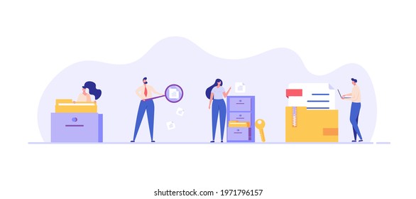 People standing next to a file storage box. Concept of document archive, data storage, safe storage, file archiving and organization, digital database. Vector illustration in flat design