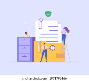 People standing next to a file storage box. Concept of document archive, data storage, safe storage, file archiving and organization, digital database. Vector illustration in flat design