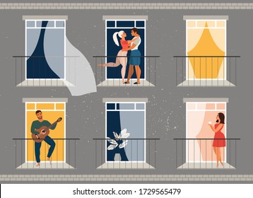 People Standing On Balconies. People In Windows Outside View. Quarantine And Isolation Concept. People Staying At Home During The Pandemic. Virus Prevention. People At Home With Their Families.