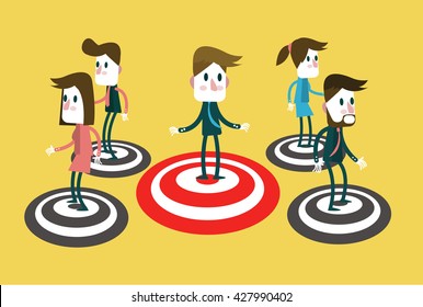 People standing on a Bullseye. Concept of target market, audience, group, consumer,goal, success. flat character design and elements. vector illustration