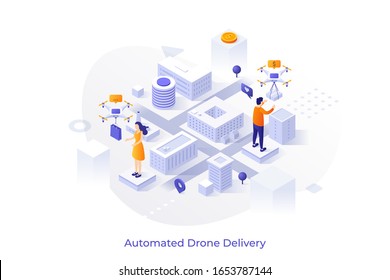 People standing on city map and receiving parcels delivered by quadcopters or quadrotors. Automated drone delivery, shipment of online order, innovation in logistics. Isometric vector illustration.