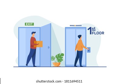 People standing on first floor and calling elevator. Hall, courier, dweller flat vector illustration. Building interior and facilities concept for banner, website design or landing web page