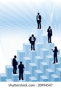 People are standing on a large graph, conceptual business illustration.