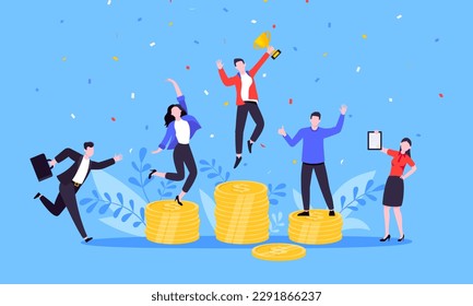 People standing on the money podium rank first three places, jumps in the air with trophy cup. Employee recognition and competition award winner business concept flat style design vector illustration.