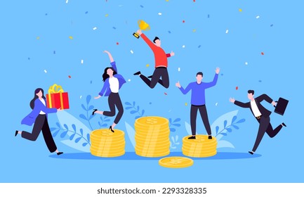 People standing on the money podium rank first three places, jumps in the air with trophy cup. Employee recognition and competition award winner business concept flat style design vector illustration.